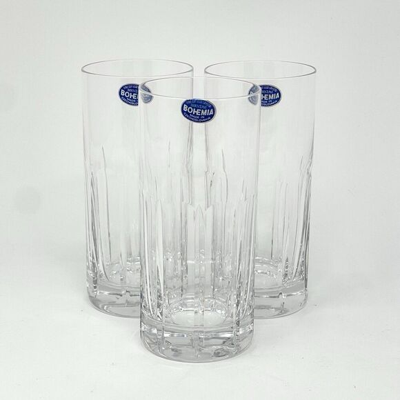 Bohemia Cut Crystal Clear Highball Glasses 5.75” Set Of 3 Original Stickers - Picture 1 of 8